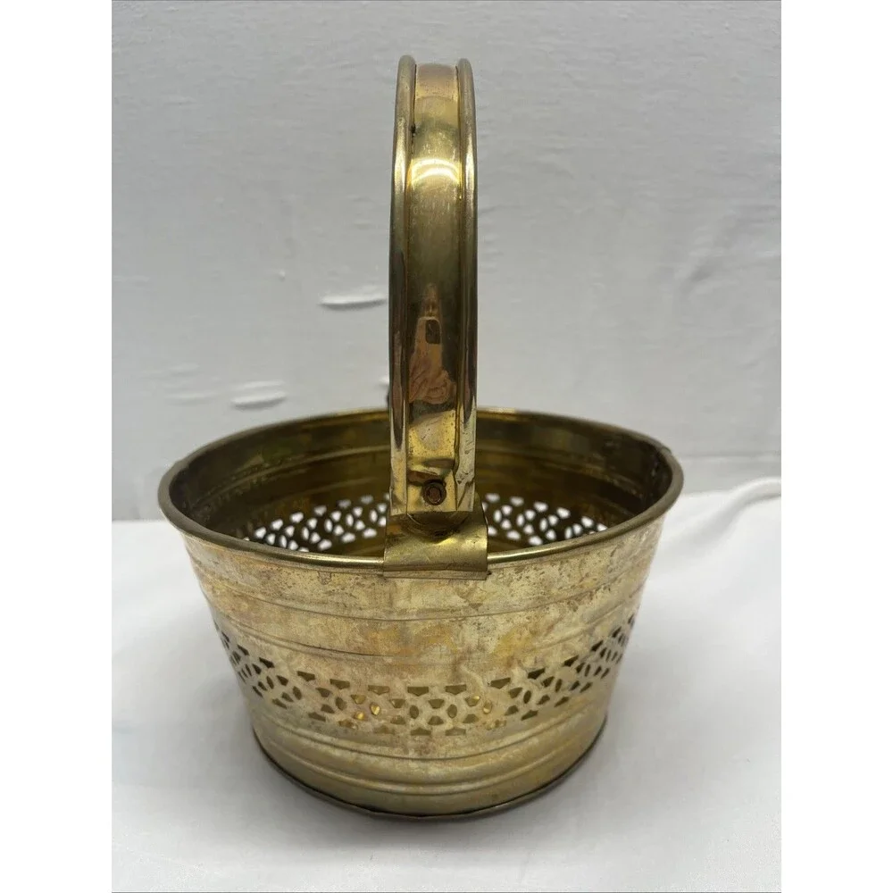 Vintage Solid Brass Pierced Basket Handle Decorative Ornate Planter Round India